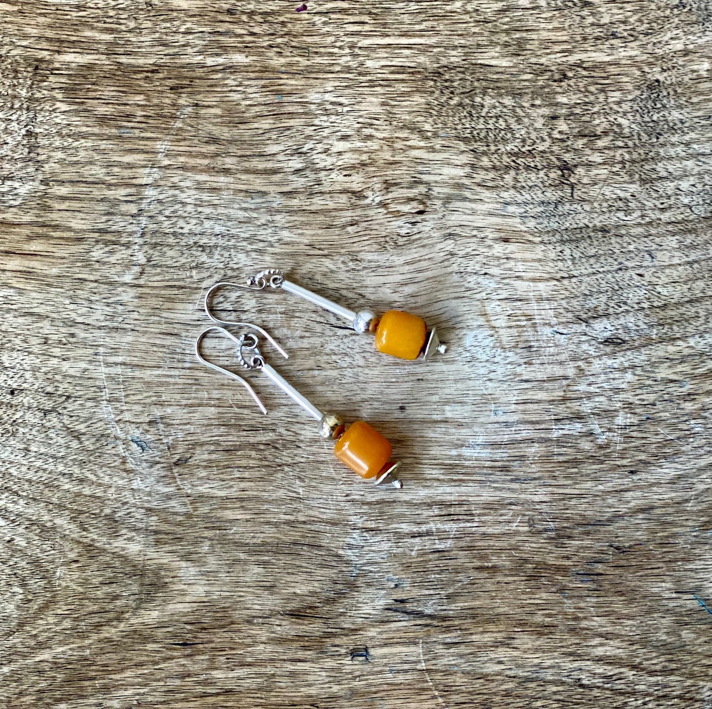 Amber and silver drop earrings