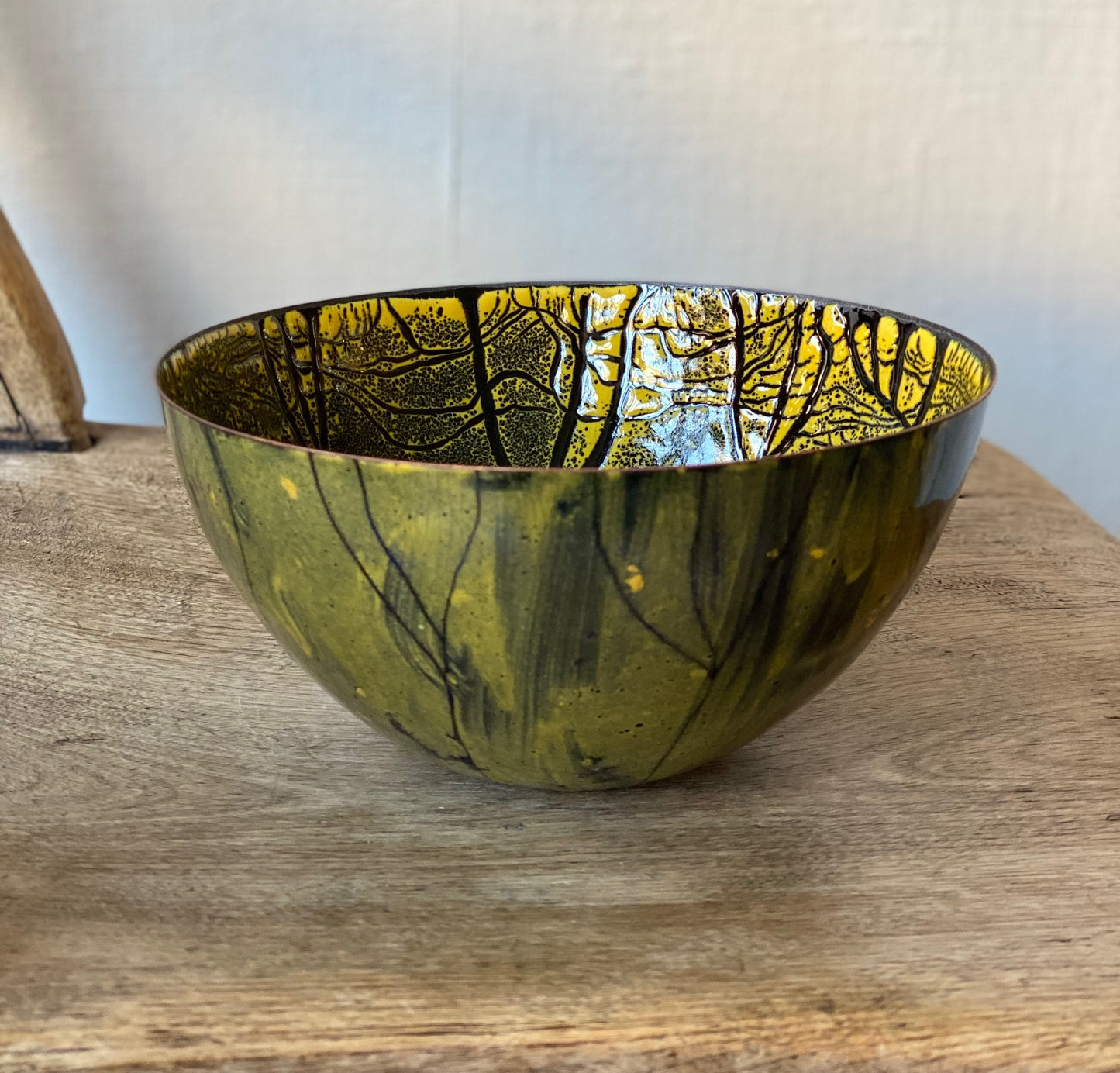 Autumn Trees vessel, enamel on copper