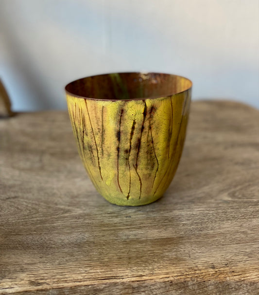 Vessel in deep yellows, enamel on copper