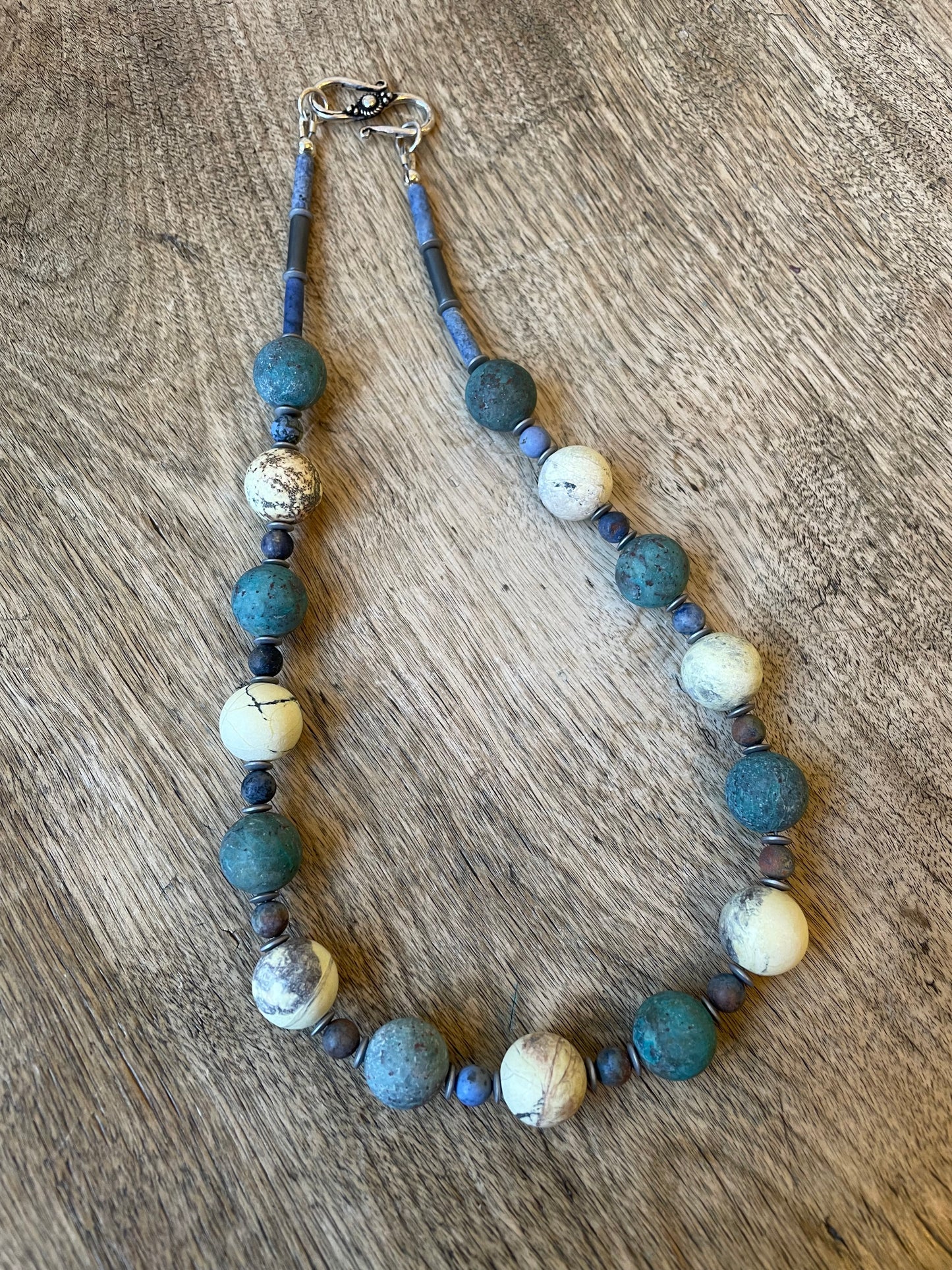 Necklace Dumortierite, Hematite, Chrysocolla and Yellow Turquoise