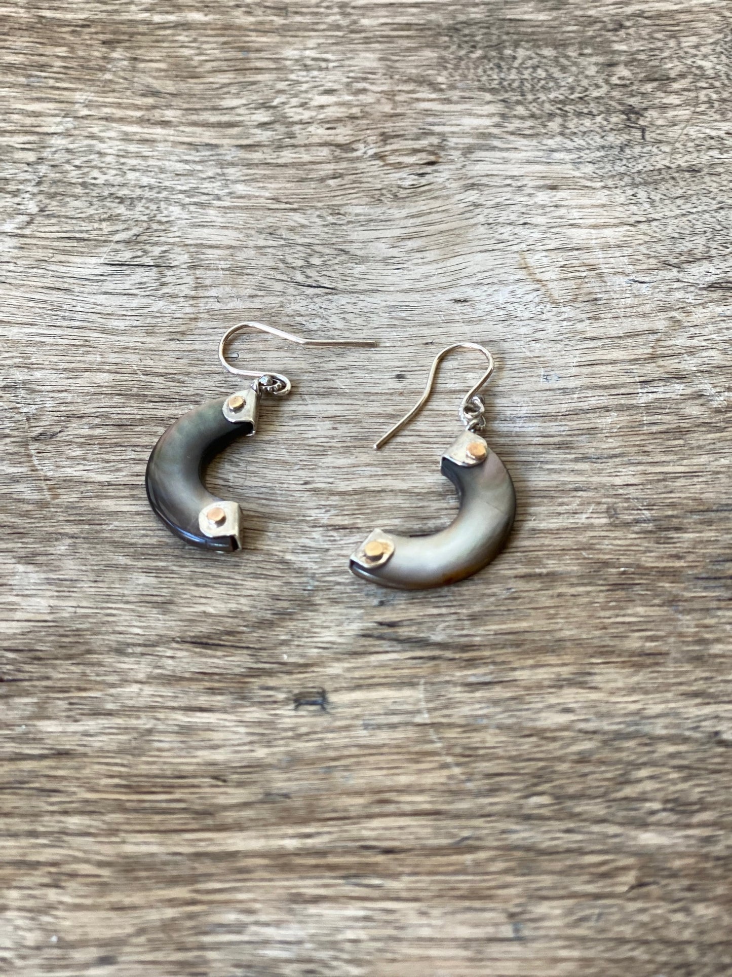 Mother of pearl, silver and gold drop earrings