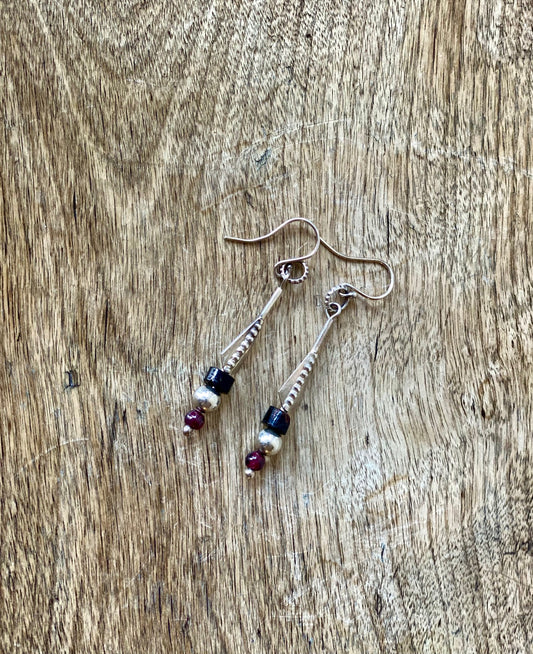 Silver, blackcoral and garnet drop earrings