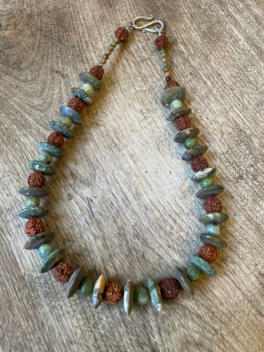 Necklace Neck-rhyolith, Rudraksha seeds, Green Serpent and Unakite