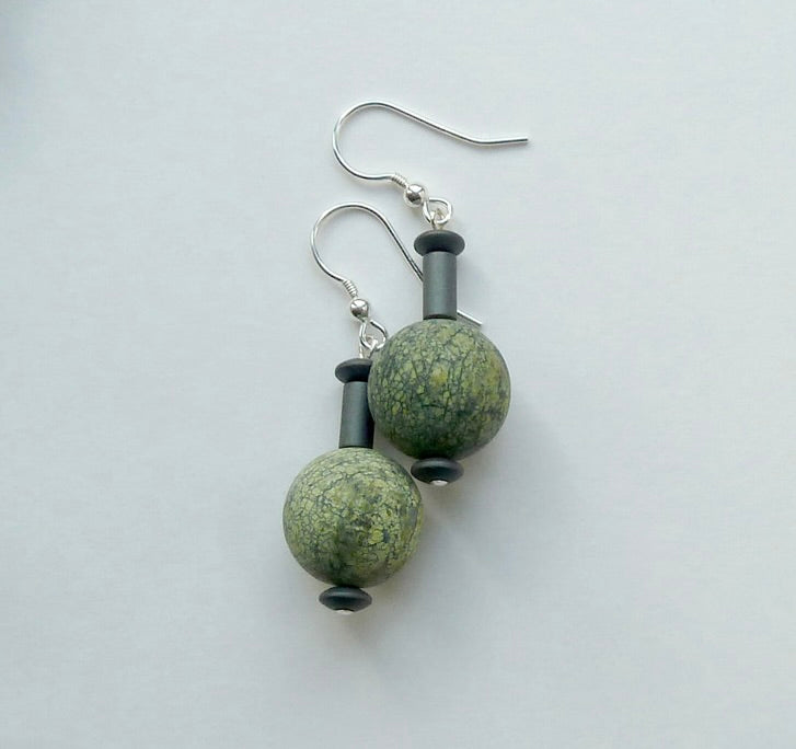 Earrings Hematite and Green Snowflake