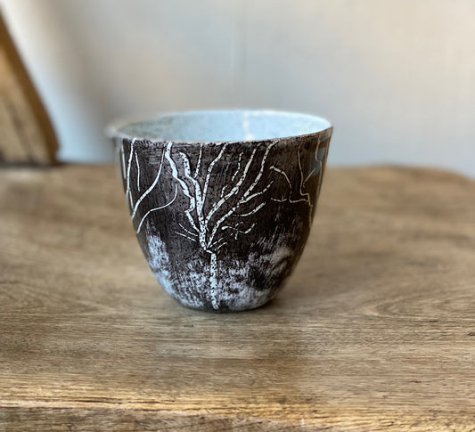 Large decorative vessel with winter tree detail, enamel on copper