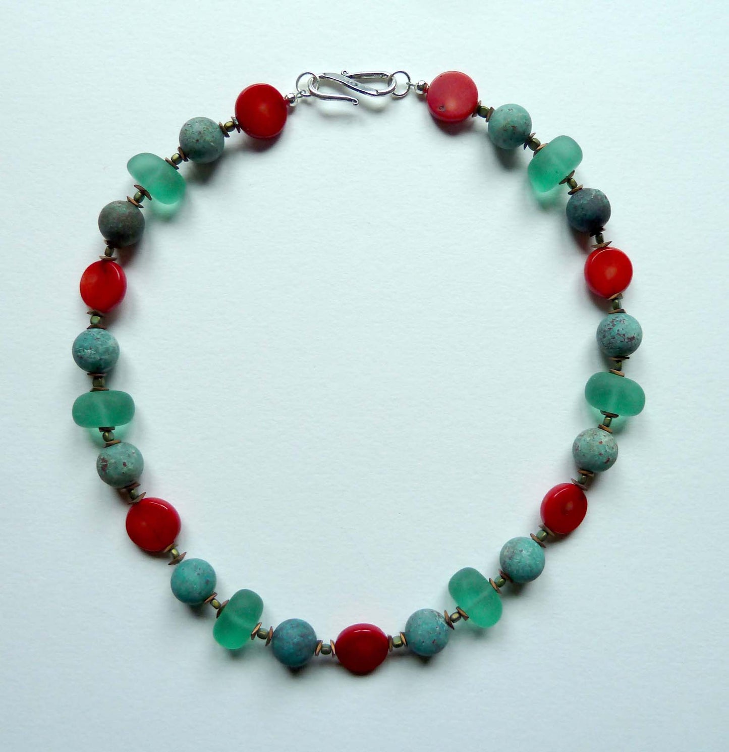 Necklace Sea Bamboo, Sea Glass, Cuprite Chrysocolla and Hematite